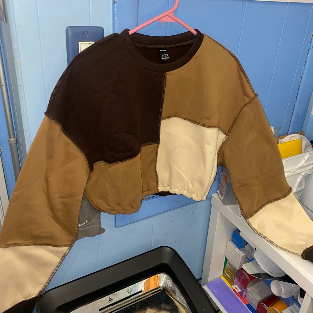 Brown and beige color block sweater